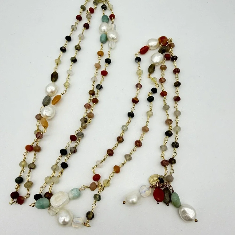 HSN Joya 925 Freshwater Pearl & Gemstone Necklace Flapper 62 Inches Layering‎